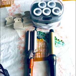 Hot Rollers, 3 prong crimping/curling iron, curling iron 1 1/2 inch barrel.
